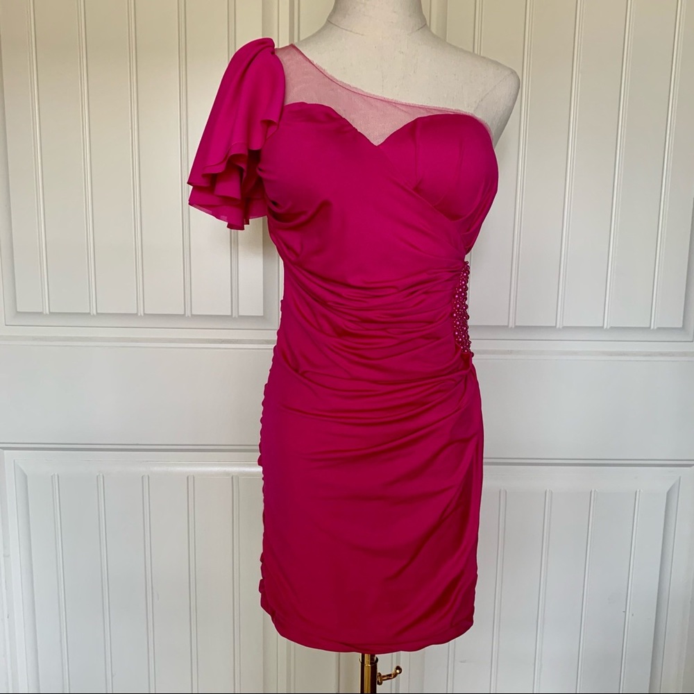 Pink Asymmetric Pearl Embellished Ruched Dress